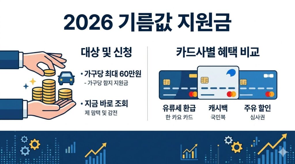 2026 기름값 지원금 신청 방법 및 카드사별 혜택 비교 안내 인포그래픽